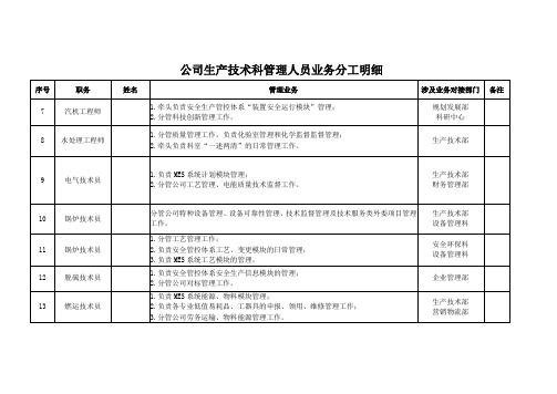 公司生产技术科管理人员职责分工明细