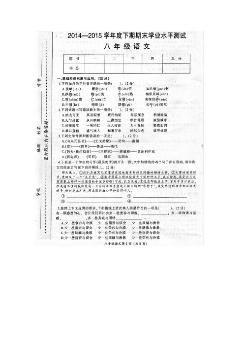 2014-2015学年八年级下学期期末语文试题及答案(新课标人教版)