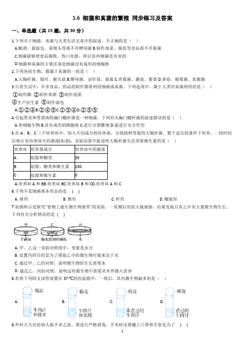 1.6 细菌和真菌的繁殖 同步练习及答案