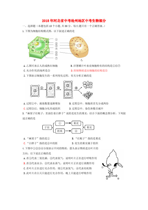 【2018年中考真题模拟】河北省沧州市2018年中考生物真题试题(含答案)