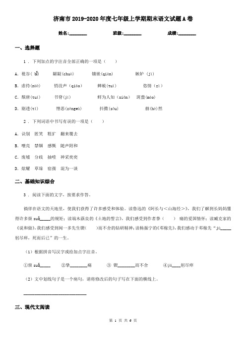 济南市2019-2020年度七年级上学期期末语文试题A卷