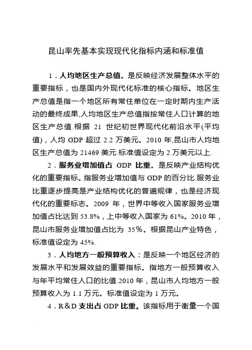 昆山率先基本实现现代化指标内涵和标准值
