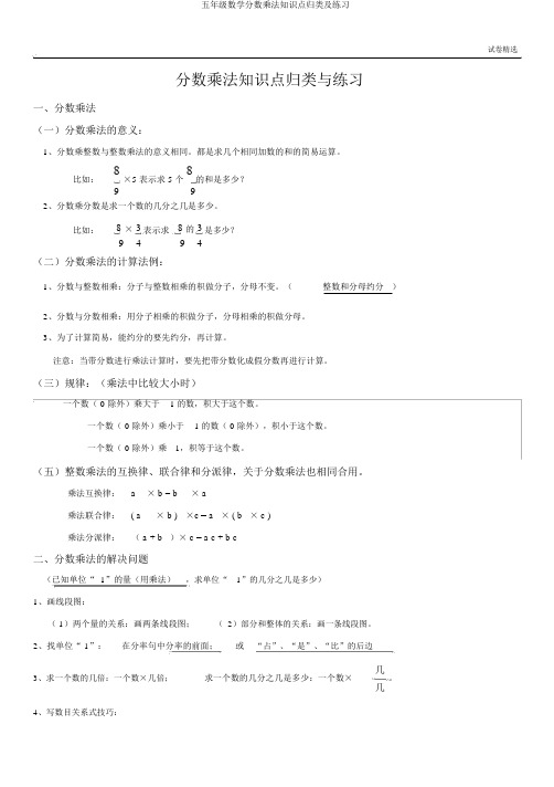 五年级数学分数乘法知识点归类及练习