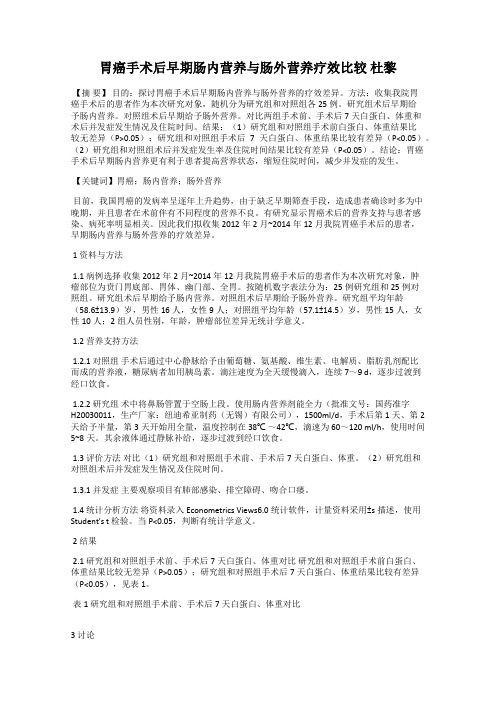 胃癌手术后早期肠内营养与肠外营养疗效比较 杜黎