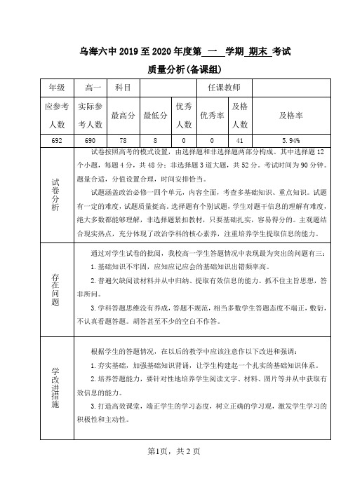 2019至2020学年第一学期期末考试高一政治备课组质量分析