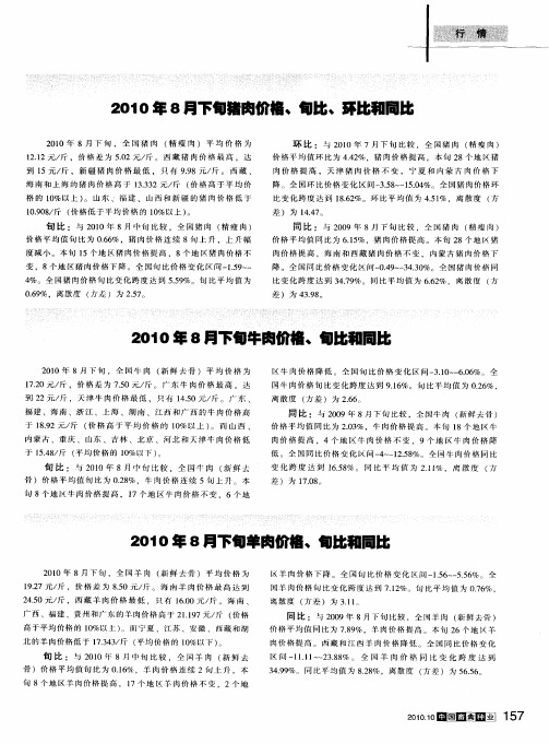 2010年8月下旬牛肉价格、旬比和同比
