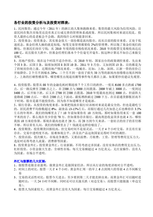 各行业的投资对比及对照表