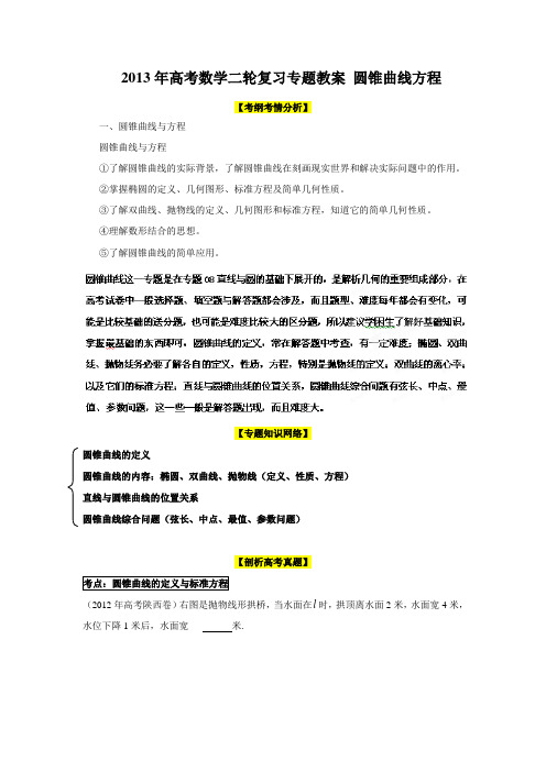 高中数学高考二轮复习专题教案圆锥曲线方程