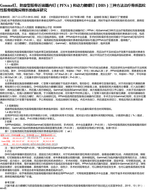 Gamma钉、防旋型股骨近端髓内钉(PFNA)和动力髋螺钉(DHS)三种方法