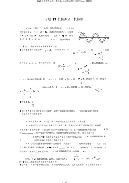 2012高考物理试题分类汇编-机械振动和机械波纯word附解析