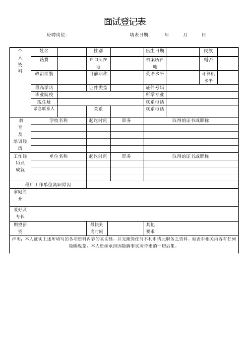 应聘人员面试登记表