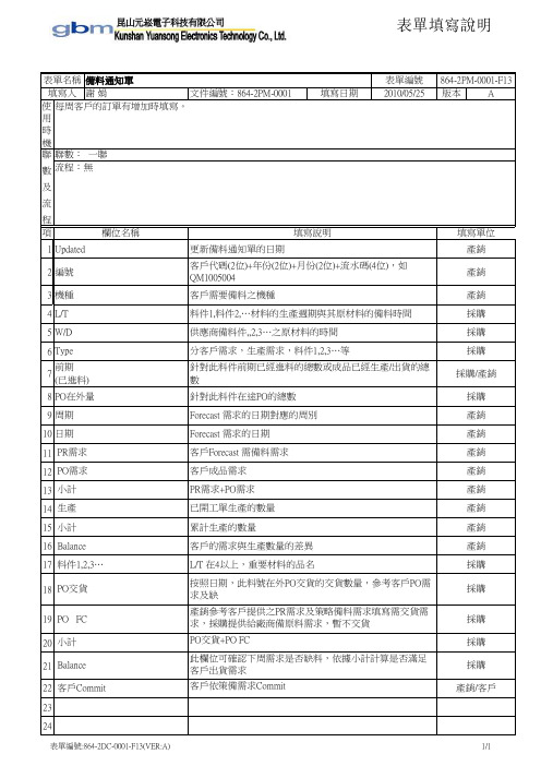 表单填写说明-备料通知单