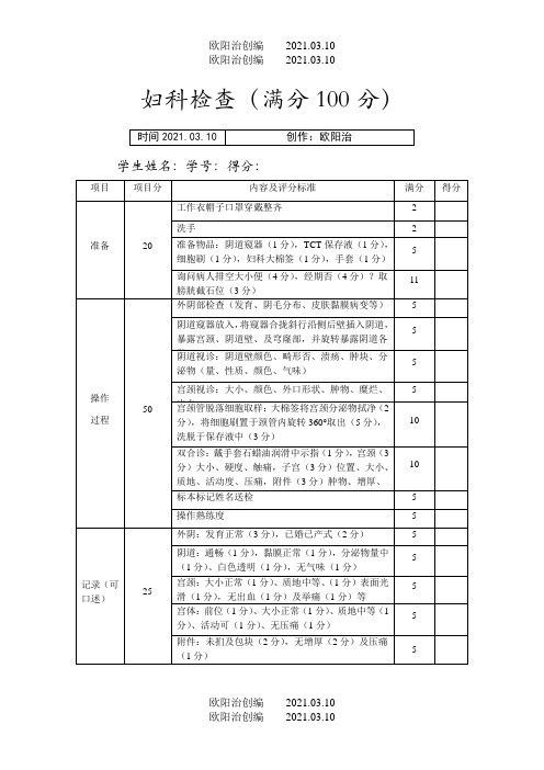 妇科检查操作技能评分标准(满分100分)之欧阳法创编