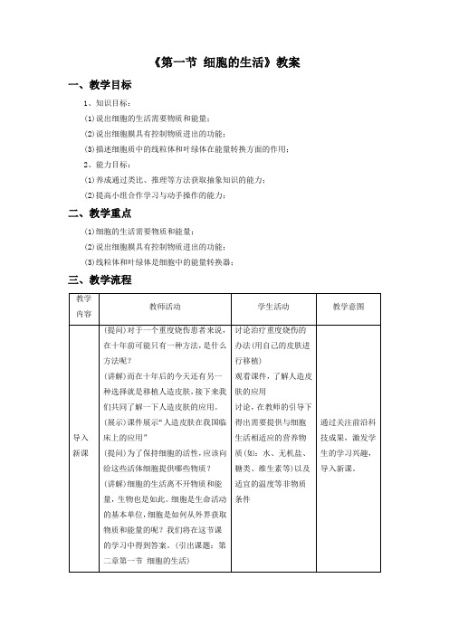 鲁科版生物六年级上册 第二单元第二章《第一节 细胞的生活》 教案3