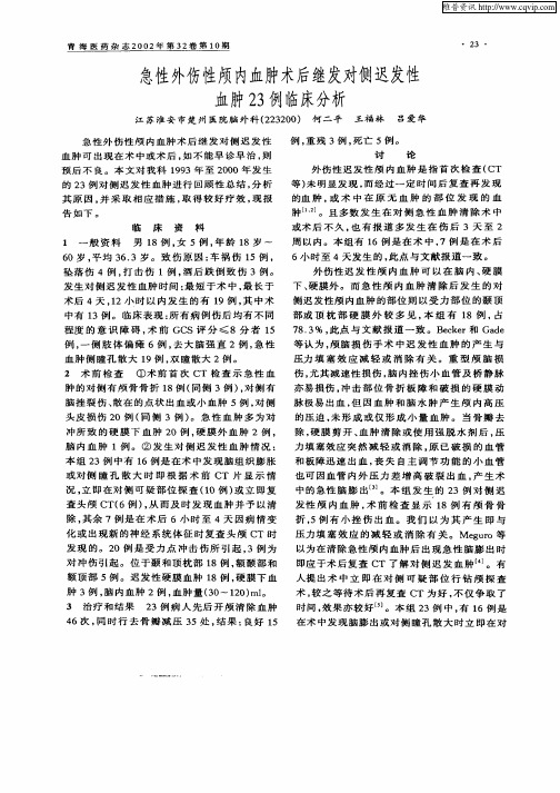 急性外伤性颅内血肿术后继发对侧迟发性血肿23例临床分析