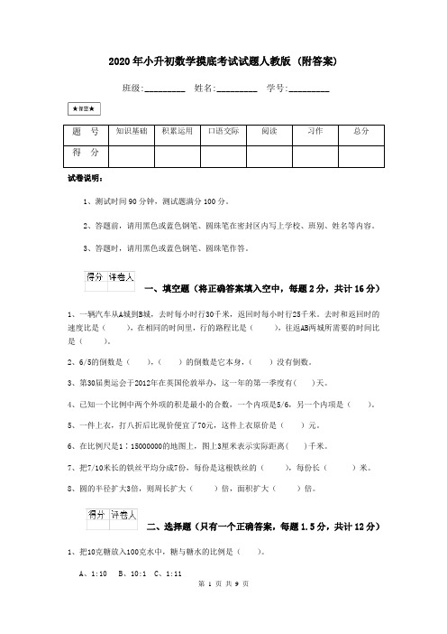 2020年小升初数学摸底考试试题人教版 (附答案)