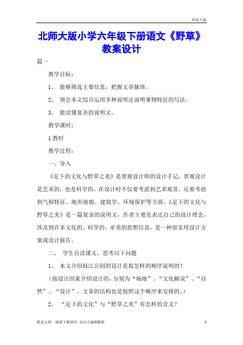 北师大版小学六年级下册语文《野草》教案设计