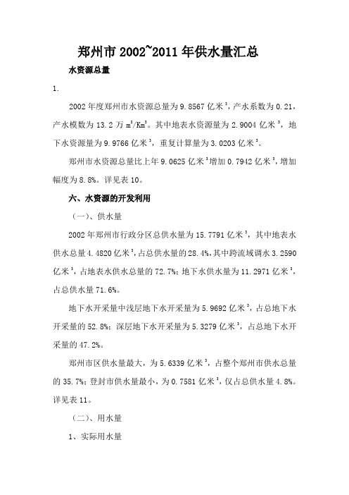 郑州市2002-2011年供水量汇总