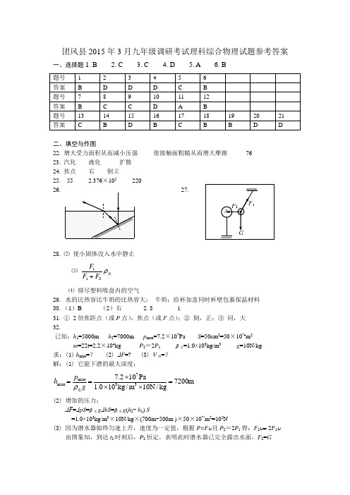 2015年3月九年级调研考试物理试题参考答案