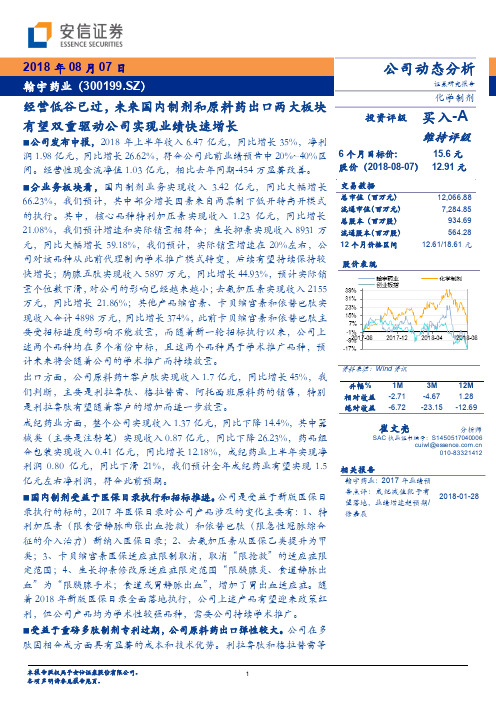 翰宇药业：未来国内制剂和原料药出口两大板块有望双重驱动公司实现业绩快速增长 买入评级