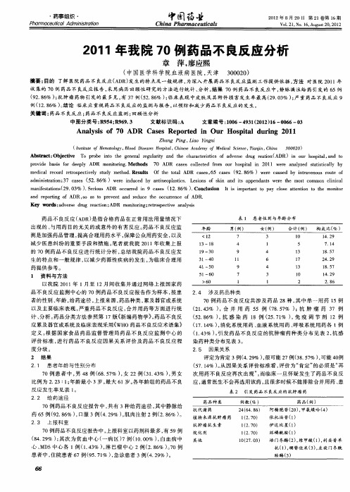 2011年我院70例药品不良反应分析