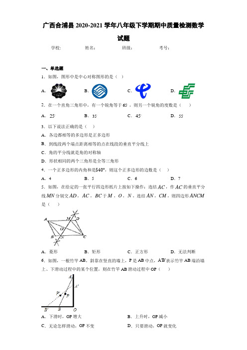 广西合浦县2020-2021学年八年级下学期期中质量检测数学试题