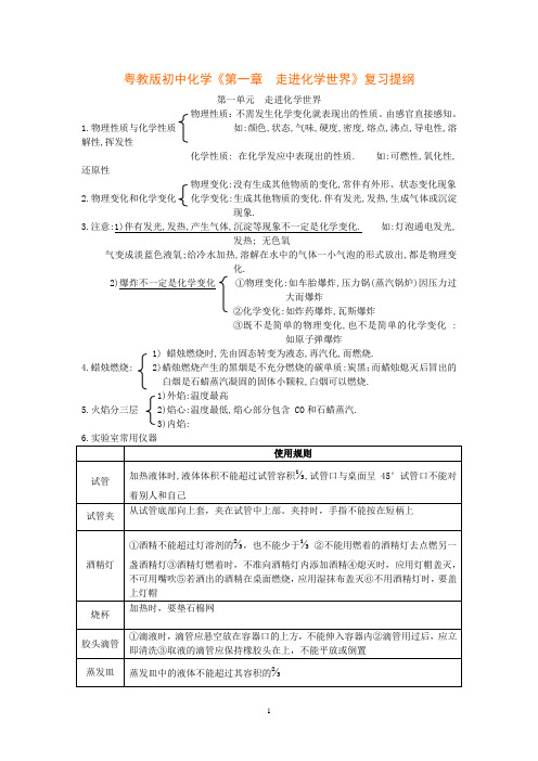 粤教版初中化学《第一章  走进化学世界》复习提纲