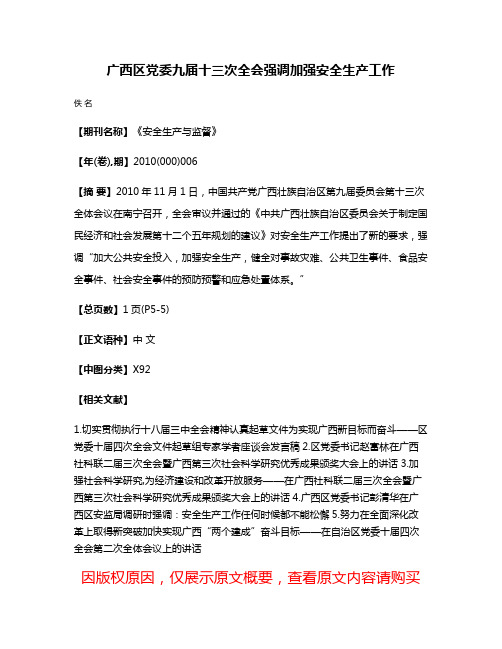 广西区党委九届十三次全会强调加强安全生产工作