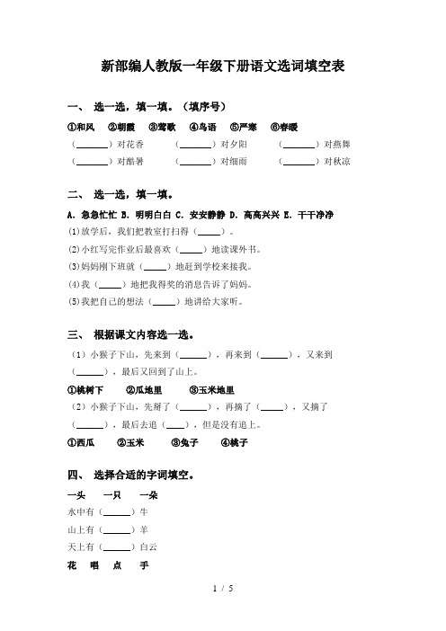 新部编人教版一年级下册语文选词填空表