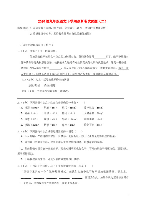 2020届九年级语文下学期诊断考试试题(含解析)