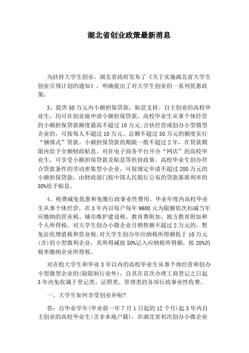 湖北省创业政策最新消息