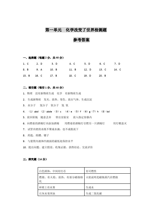 初三化学上学期化学改变了世界单元测试题答案