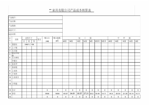 家具用料成本核算单