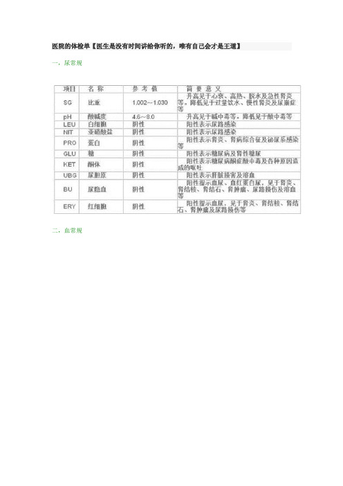 医院体检单对照表