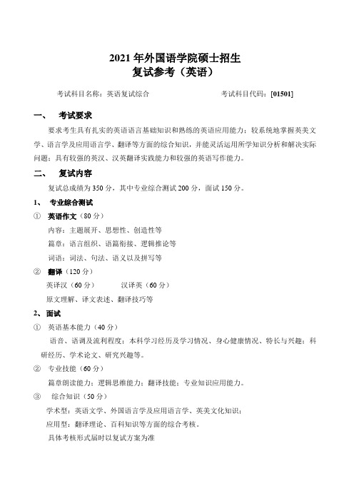 哈尔滨工业大学2021年硕士研究生入学考试大纲外国语学院 英语专业-复试参考