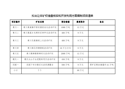 拟出让采矿权储量核实和开发利用方案编制项目清单