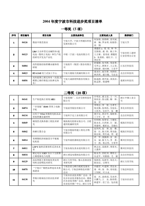 2004年度宁波市科技进步奖项目