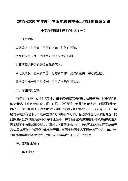 2019-2020学年度小学五年级班主任工作计划精编2篇