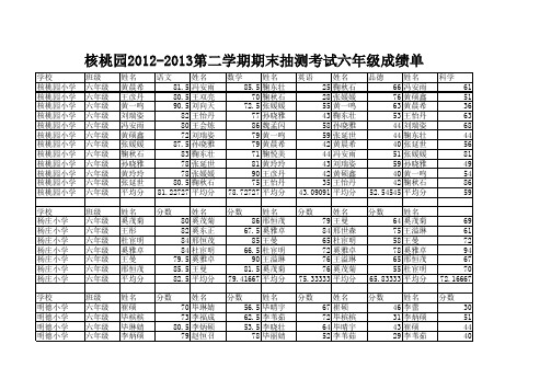 六年级期末抽测考试成绩单