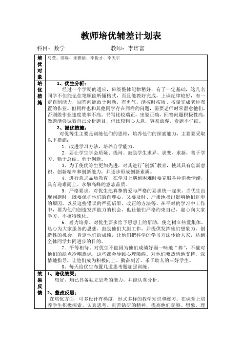 一年级下册培优辅差计划表数学