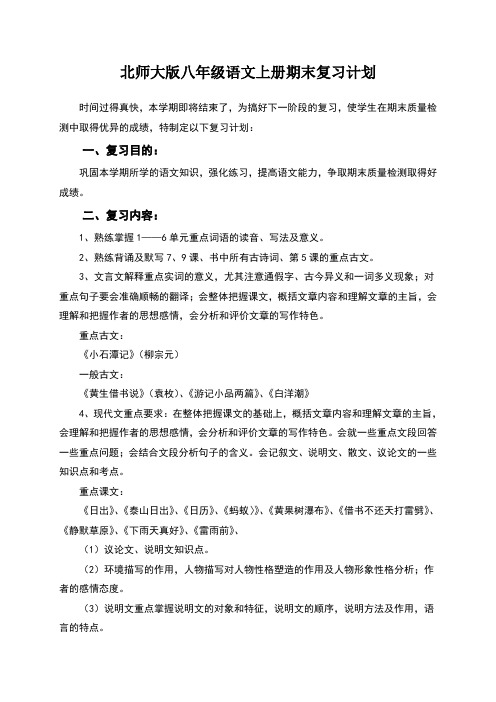 北师大版八年级语文上册期末复习计划
