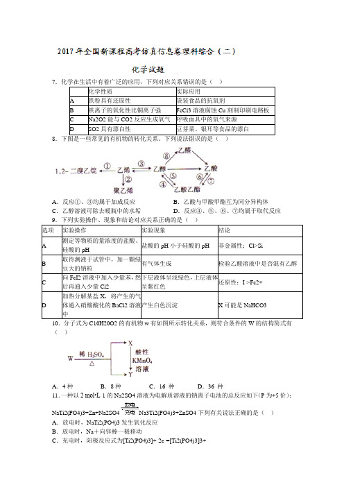 2017年全国新课程高考仿真信息卷理科综合(二)化学试题Word版含答案