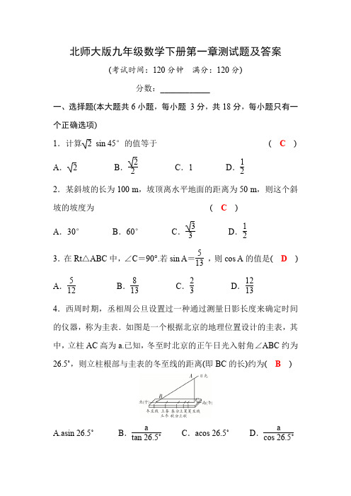 北师大版九年级数学下册第一章测试题及答案