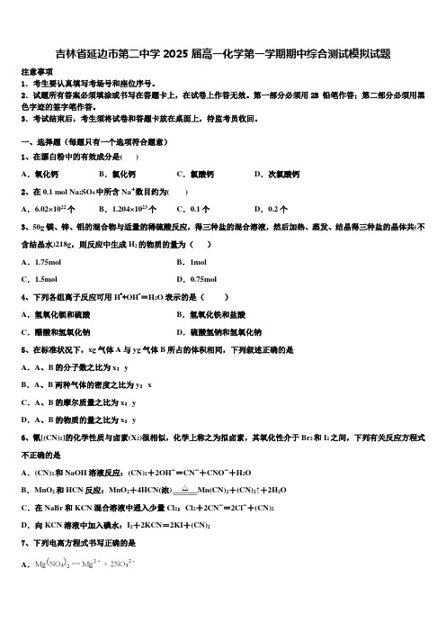 吉林省延边市第二中学2025届高一化学第一学期期中综合测试模拟试题含解析