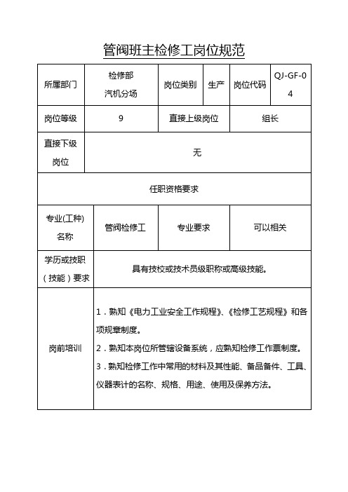 管阀班主检修工岗位规范