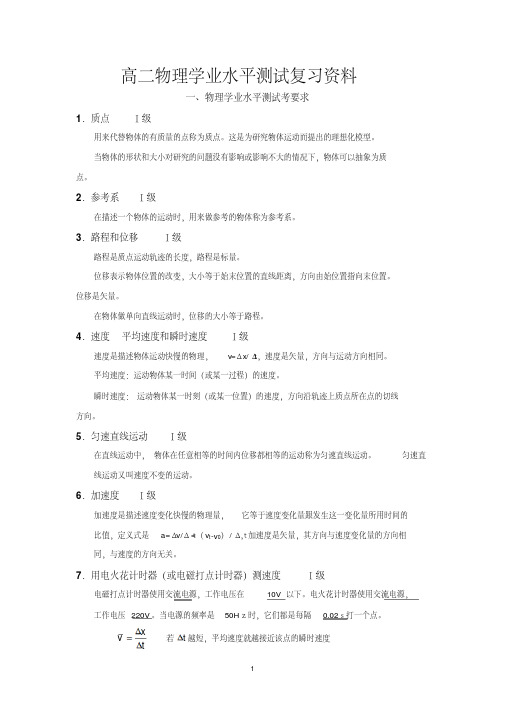 高二物理学业水平测试复习考纲考点(教师版)