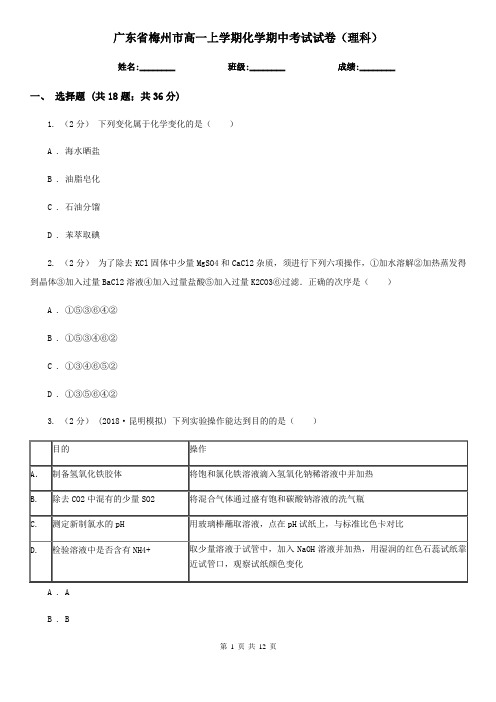 广东省梅州市高一上学期化学期中考试试卷(理科)