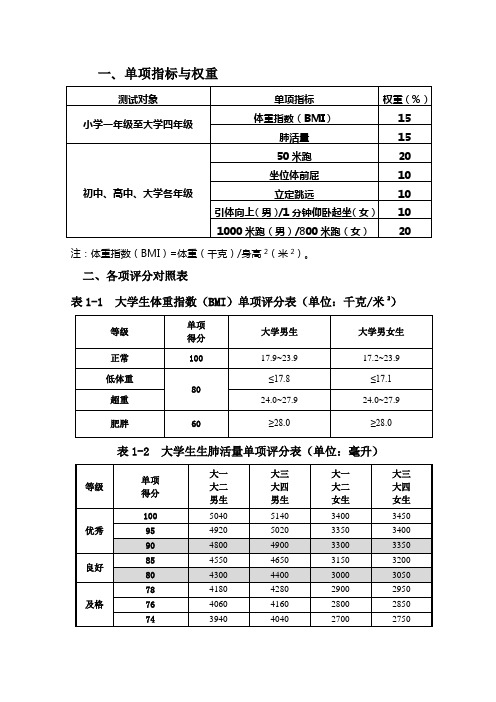 大学生体育测试指标分数对照表