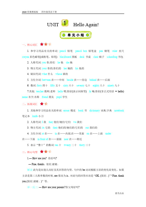 2020春冀教版四年级英语下册- 全册 知识清单(付,12)