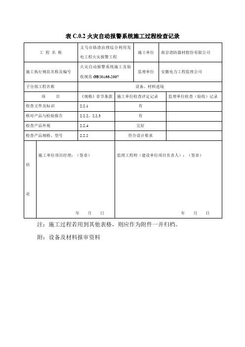 表C.0.2火灾自动报警系统施工过程检查记录